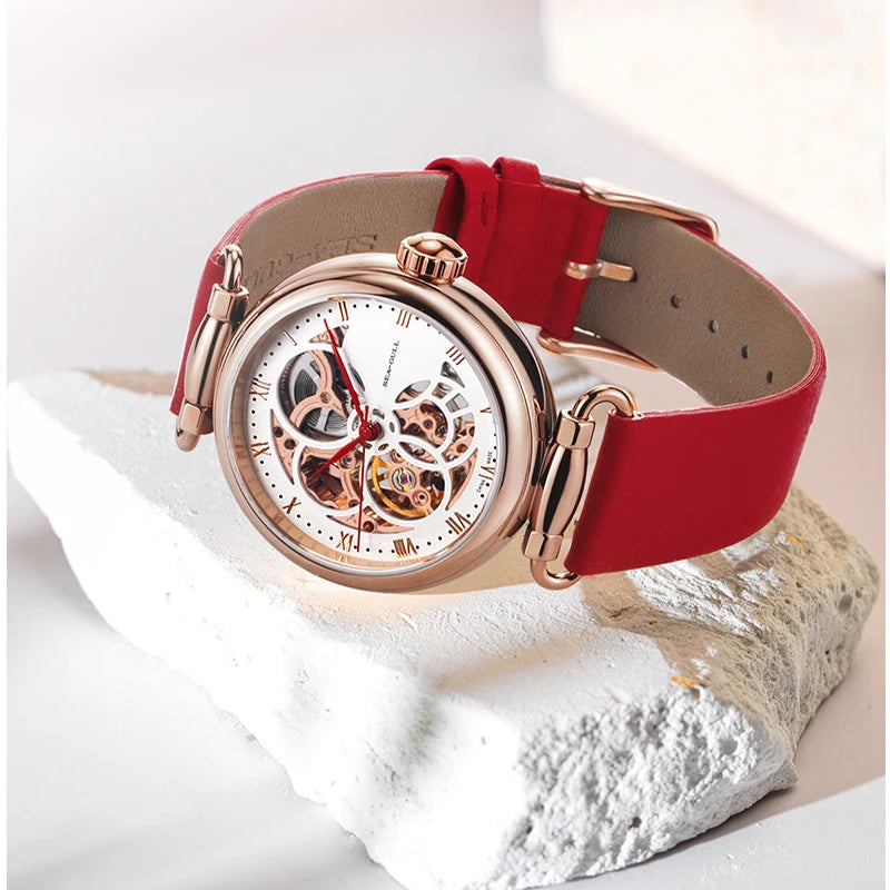 Fashion Women's Watch Leather Strap Waterproof Skeleton Automatic