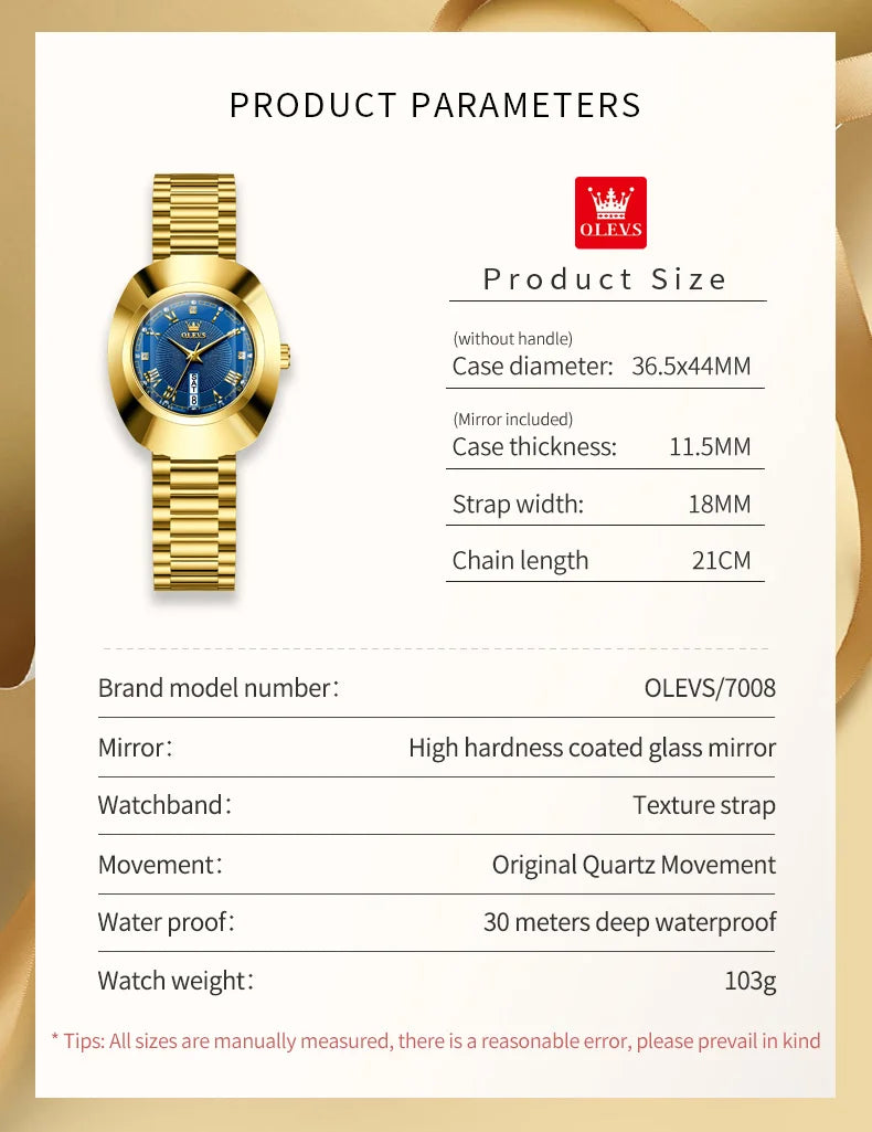 Golden Quartz Watch for Women Fashion Elegant Tungsten