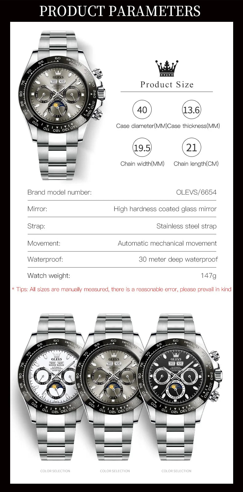 Luxury Mens Watch Chronograph Automatic Mechanical Wristwatch