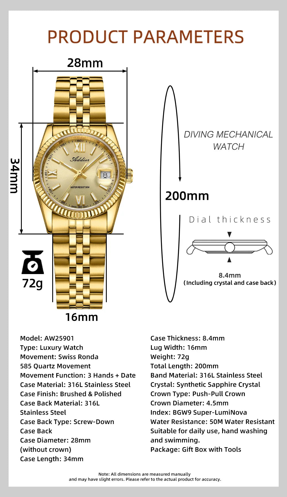 Addies New Ladies Quartz Watch 28mm Sapphire Mirror Watches