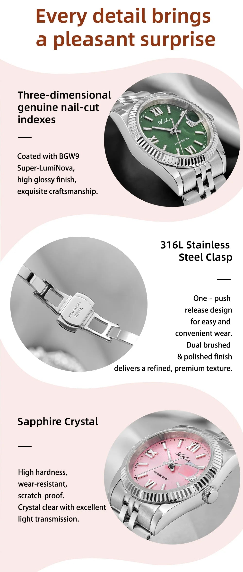 Addies New Ladies Quartz Watch 28mm Sapphire Mirror Watches