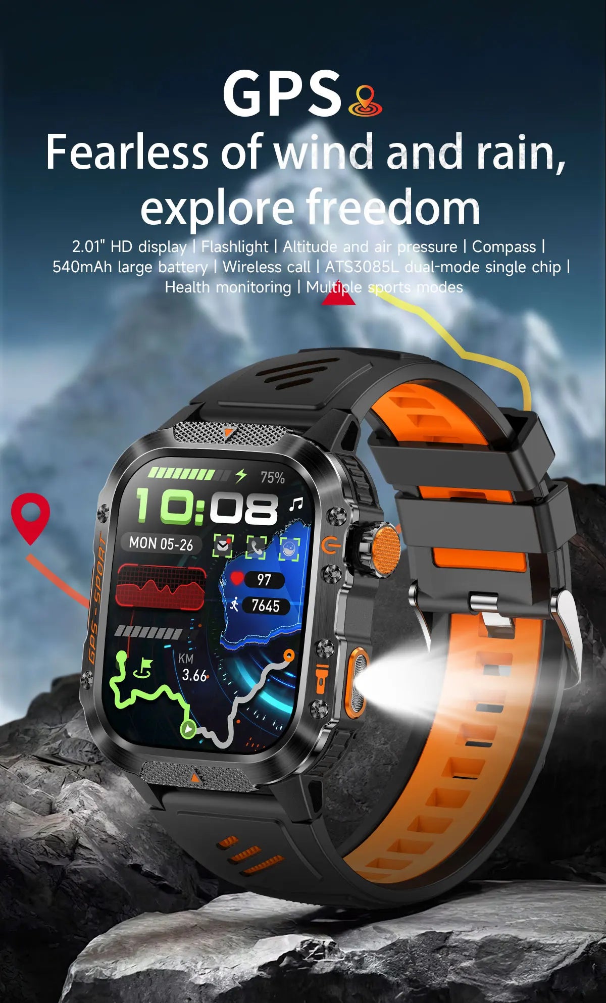 New Military Grade Outdoor GPS Smart Watches Men Compass