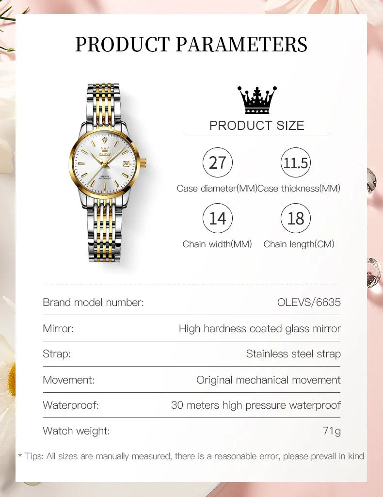Luxury Brand Ladies Watch Automatic Mechanical Wristwatch