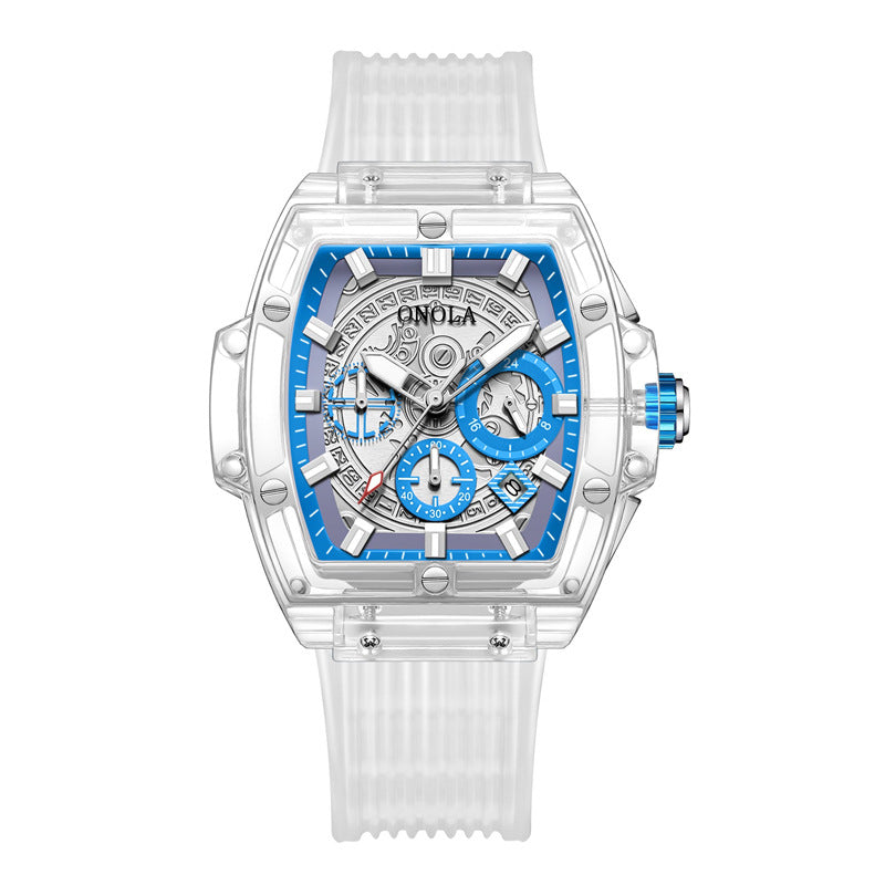 Luminescent men's watch with transparent case