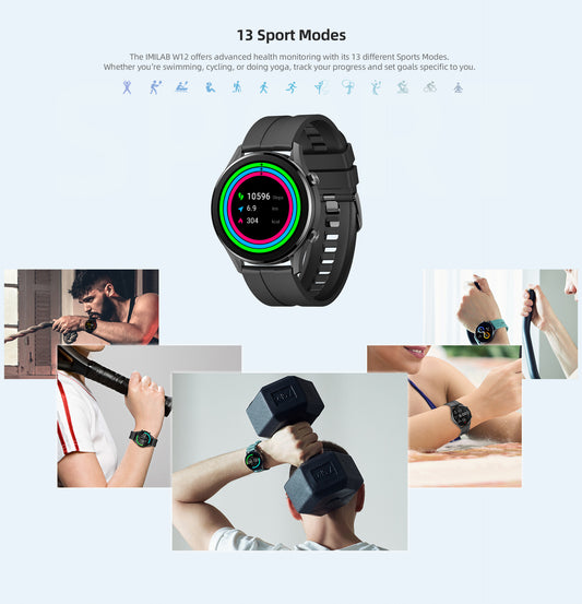 IMILAB W12 Smart Watch For Men Women Bluetooth Sports Fitness Tracker Heart Rate IP68 Waterproof -Black