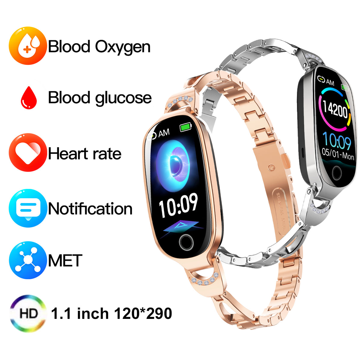 Gold Smartwatch For Women Compatible Blood Pressure