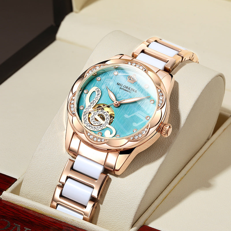 Ouqina Watch Female Automatic Mechanical Watch Ceramic Steel Band