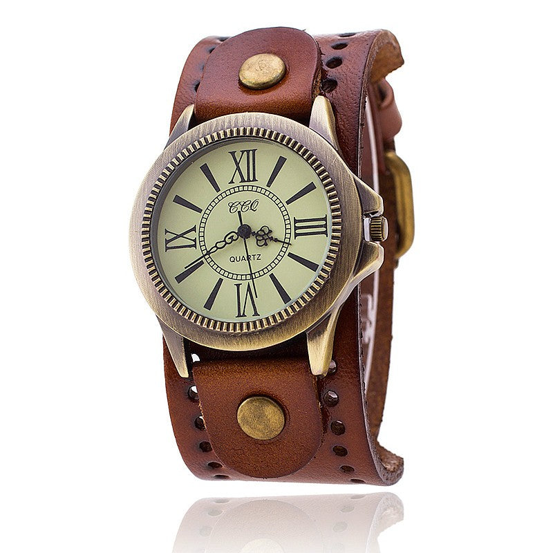 Genuine Leather Retro Roman Literal Watch