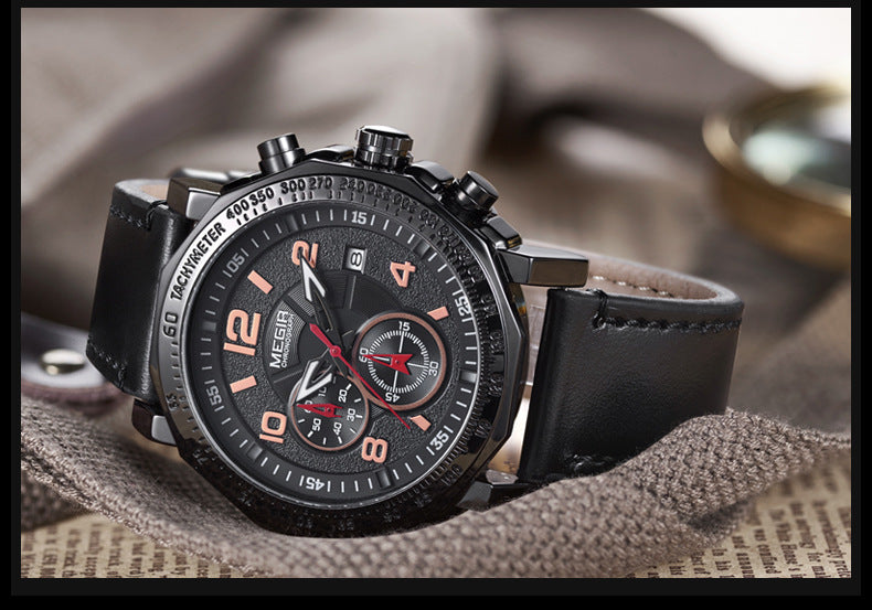 Leather Men's Quartz Watch Multi-function Chronograph Waterproof Sports Watch