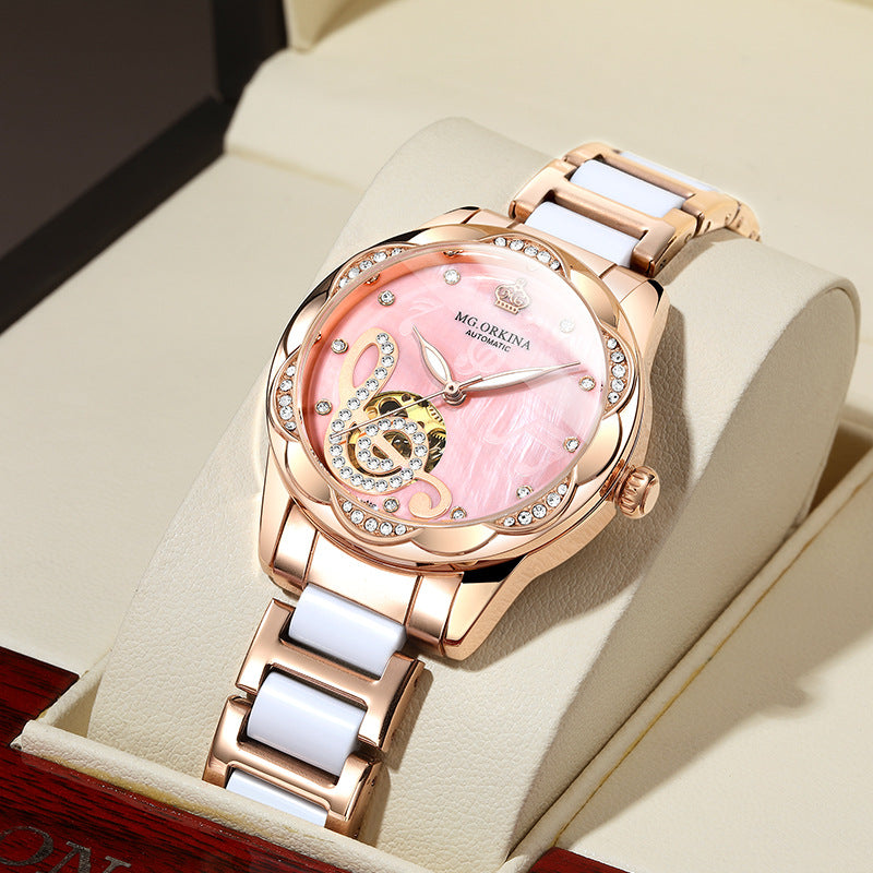 Ouqina Watch Female Automatic Mechanical Watch Ceramic Steel Band