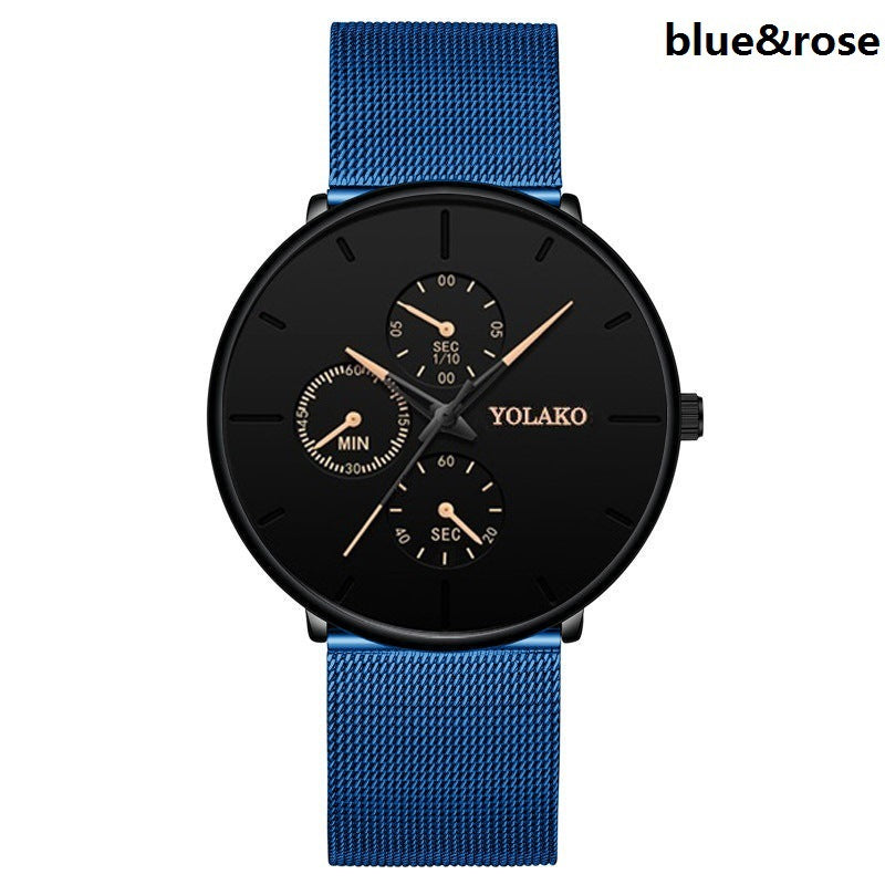 Foreign Trade Hot Sale Men's Alloy Mesh Strap Watch Fake Three-eye Three-needle