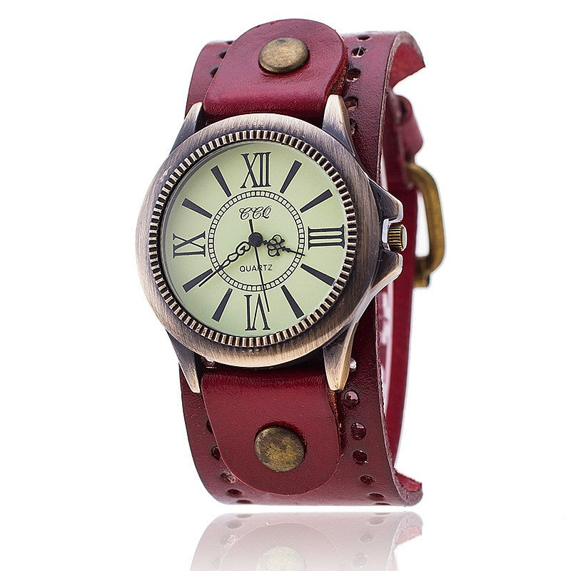 Genuine Leather Retro Roman Literal Watch