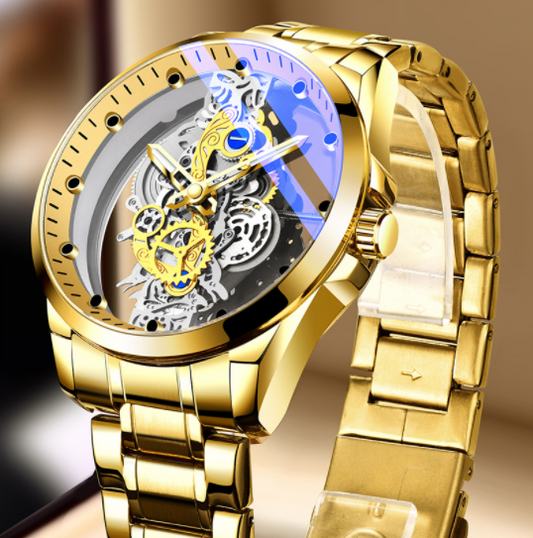 Men Watch Skeleton Automatic Quartz Watch Gold Skeleton