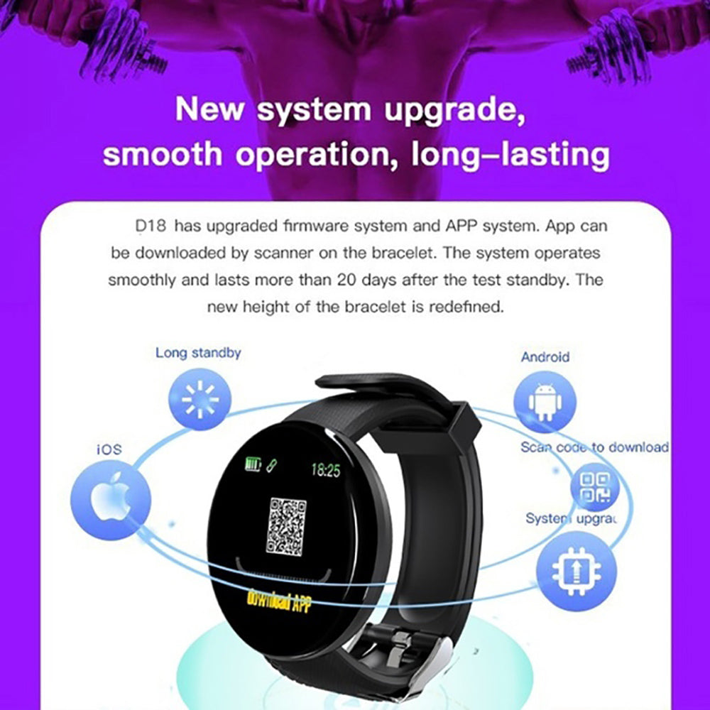 D18 Bluetooth Smart Watch, Men Women Blood Pressure Heart Rate