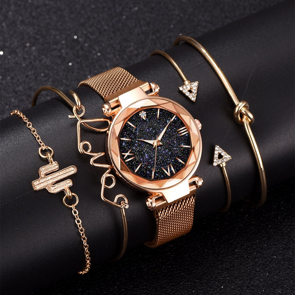 Luxury Brand Rose Gold Starry Sky Dial Watches Women Ladies Crystal Bracelet